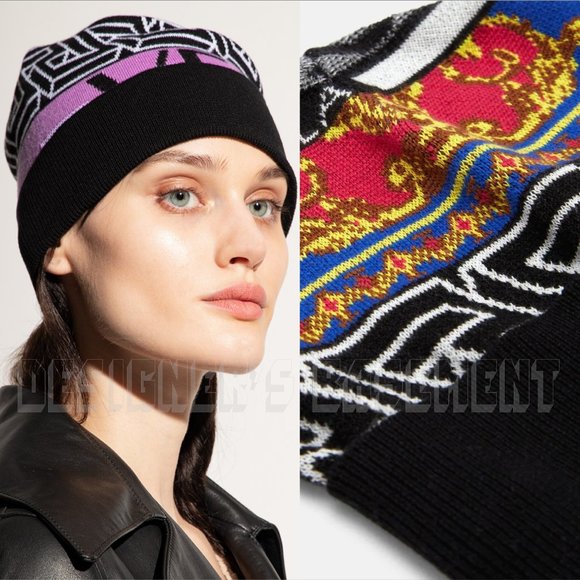 VERSACE Medusa Renaissance Greca Pattern Logo Intarsia wool blend Beanie hat NWT - Picture 1 of 7